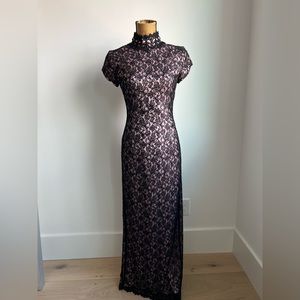 Caché Formal Prom Pink and black lace maxi dress with train